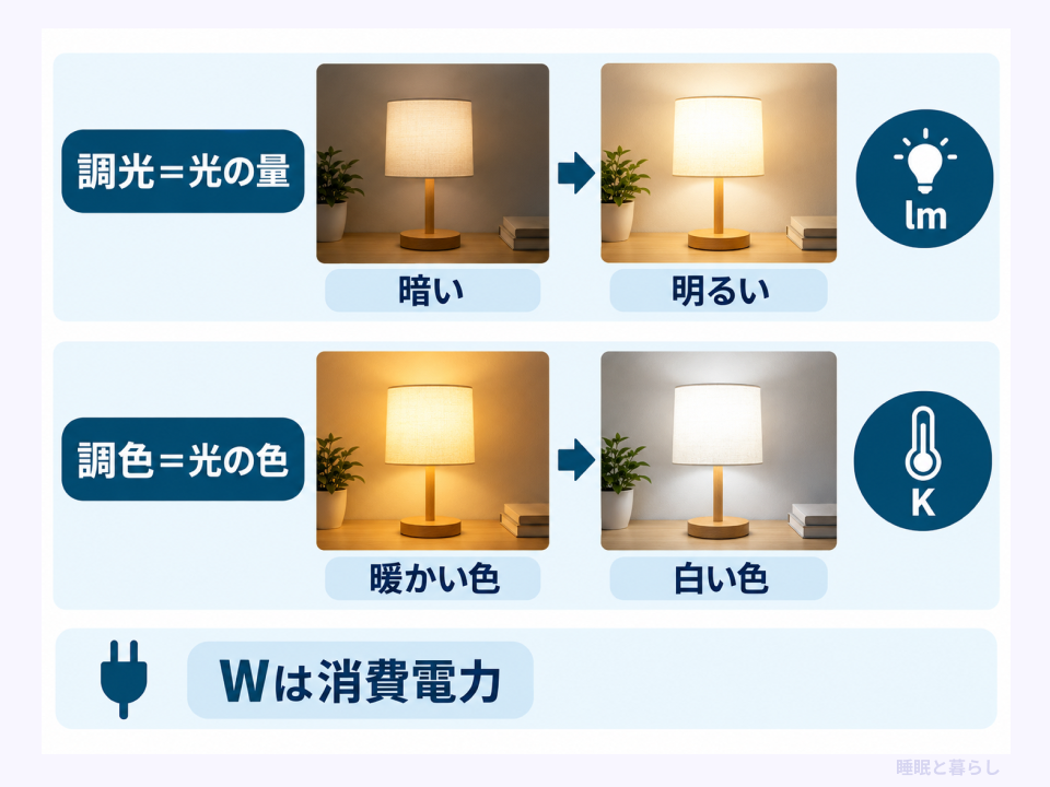 調光による明るさの変化と調色による光の色の変化