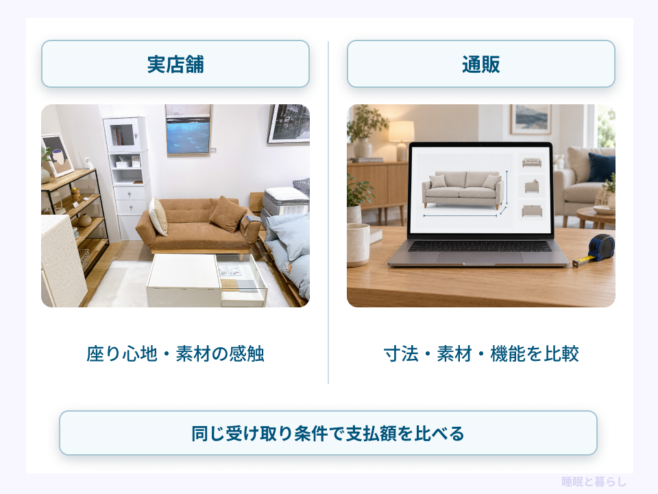 家具の座り心地を確認できる実店舗と寸法や機能を比較できる通販の違い