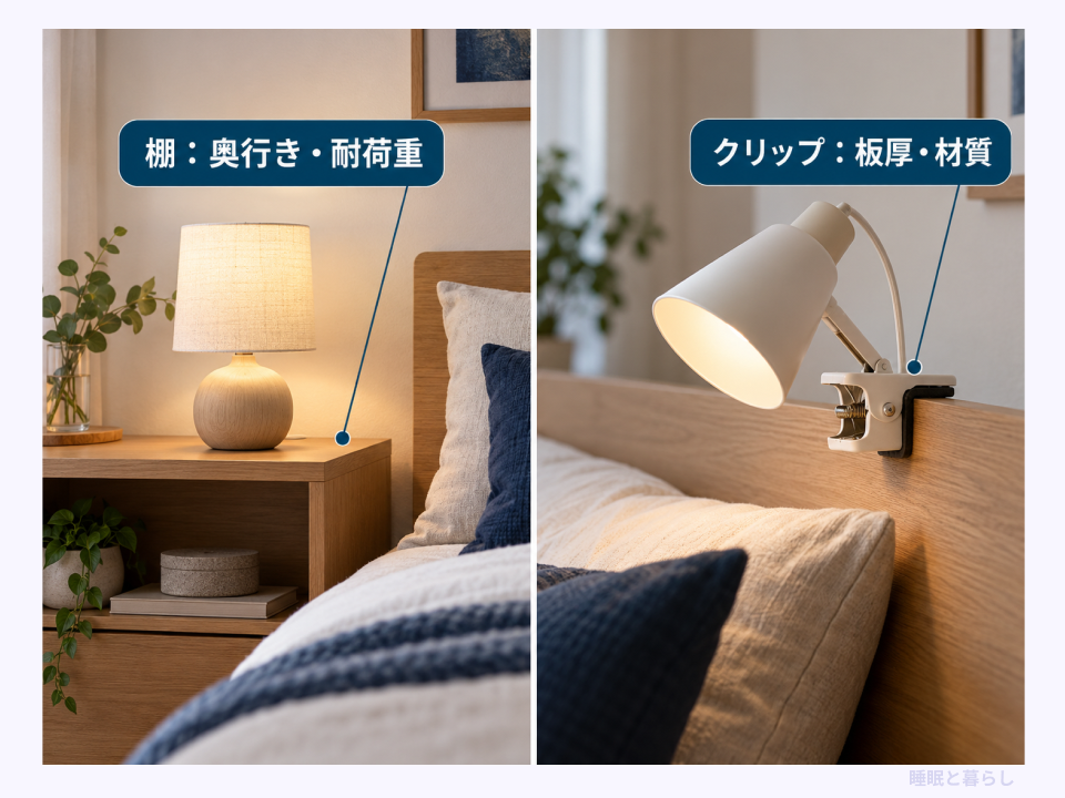棚に置く卓上灯とヘッドボードへ固定するクリップ式照明の確認箇所