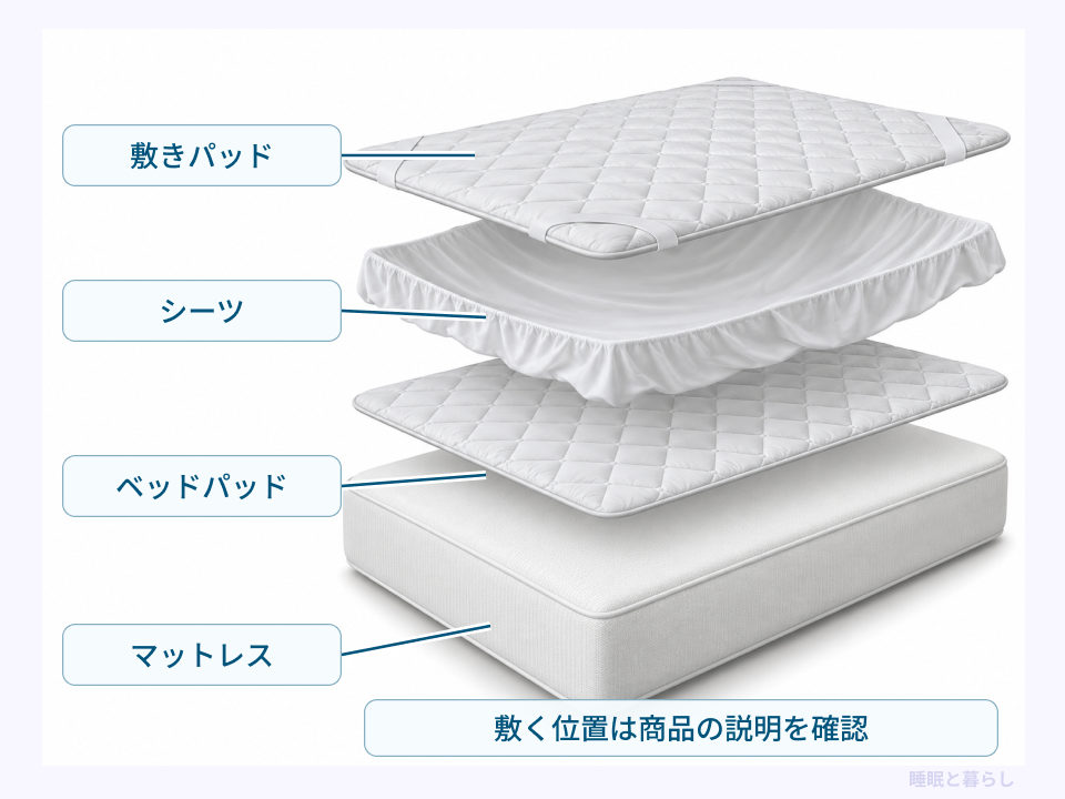 下からマットレス、ベッドパッド、シーツ、敷きパッドを重ねる位置の図解