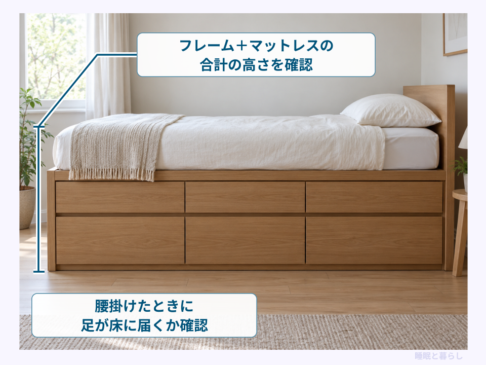フレームとマットレスを合わせた高さと、腰掛けた際の足元を確認する注釈