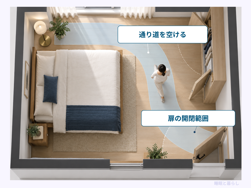 ベッドからの通り道と扉の開閉範囲を示した床置き照明の配置図