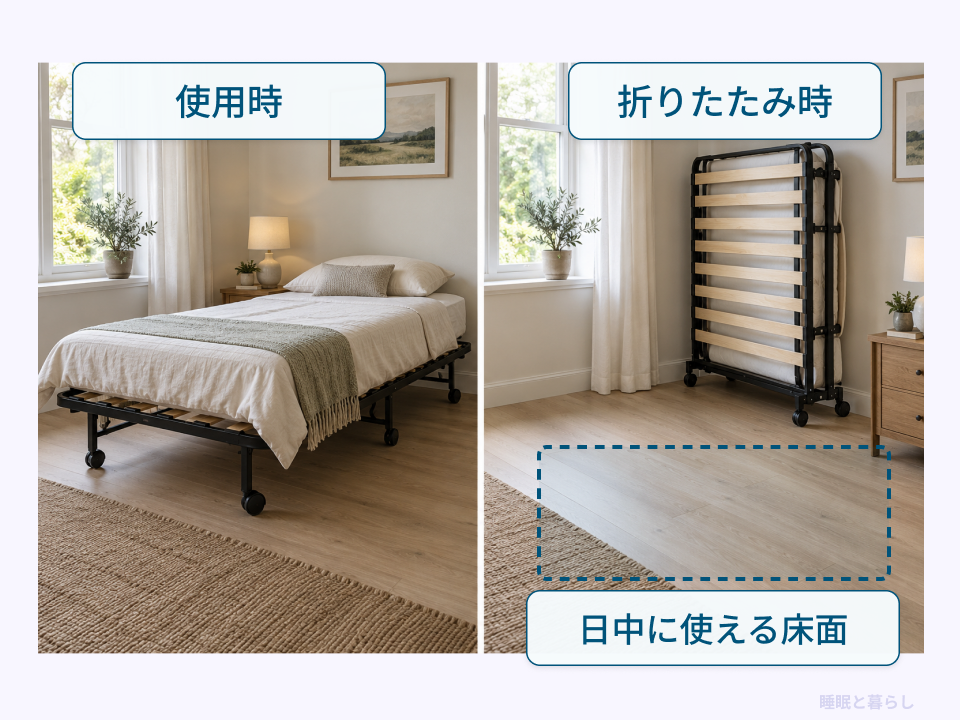 折りたたみベッドの使用時と、たたんで床面を空けた状態の比較