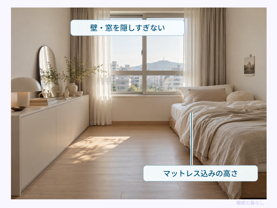 壁や窓を隠しすぎない低い家具と、マットレスを載せたベッドの高さの確認例