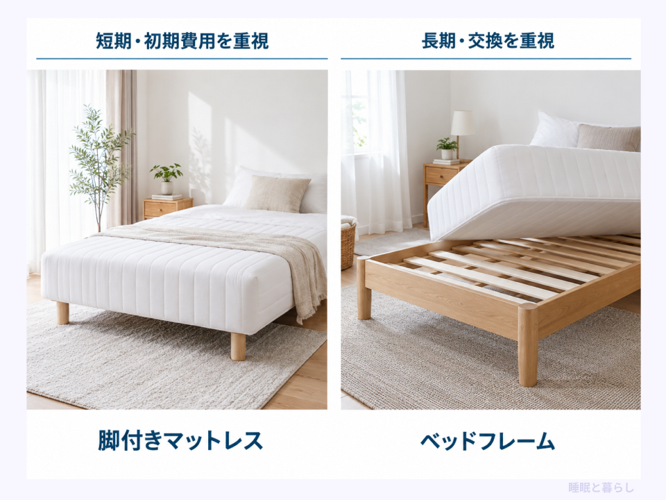 脚付きマットレスとベッドフレームを、短期の費用と長期の交換の条件で比べた写真