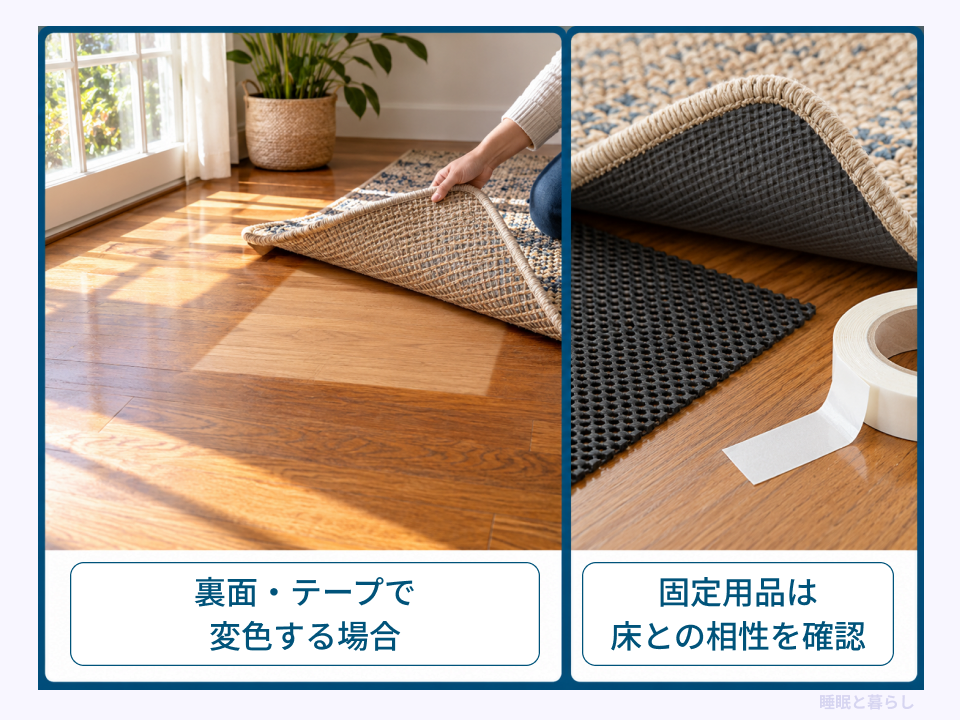 ラグの裏面と滑り止め・固定テープを示し、床との相性や変色に注意する比較写真