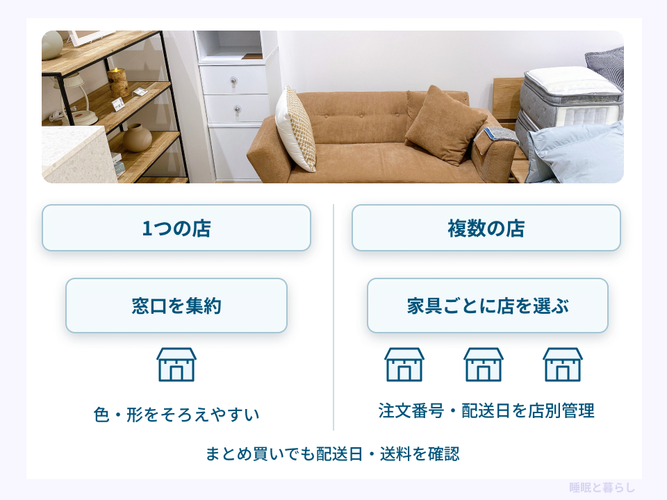 家具を一つの店でまとめて買う場合と複数の店で買う場合の窓口と配送管理の違い