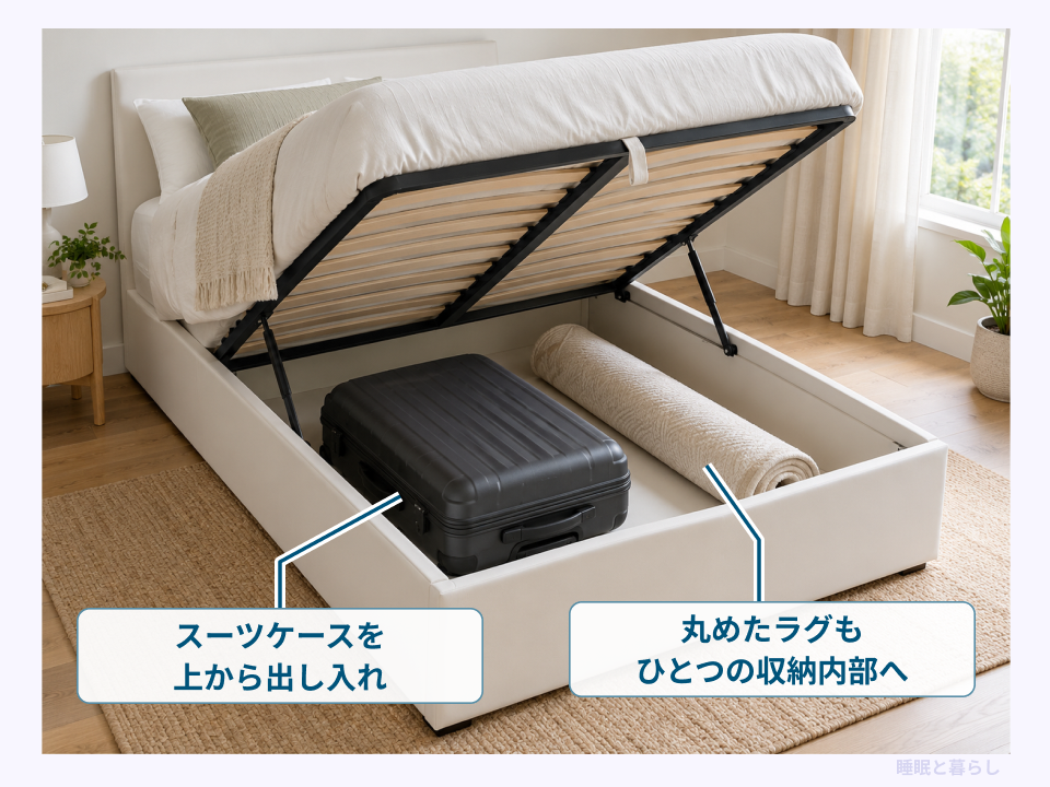 スーツケースと丸めたラグを跳ね上げ式ベッドへ収納した例