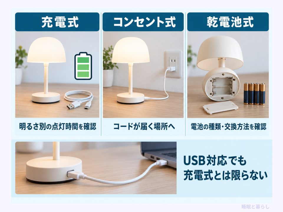 充電式、コンセント式、乾電池式のナイトライトの電源条件