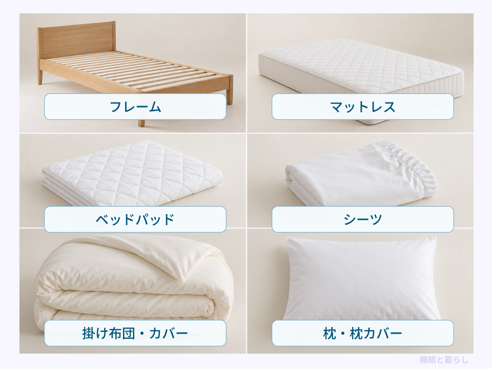 ベッドで寝るためのフレーム、マットレス、パッド、シーツ、掛け布団、枕の組み合わせ