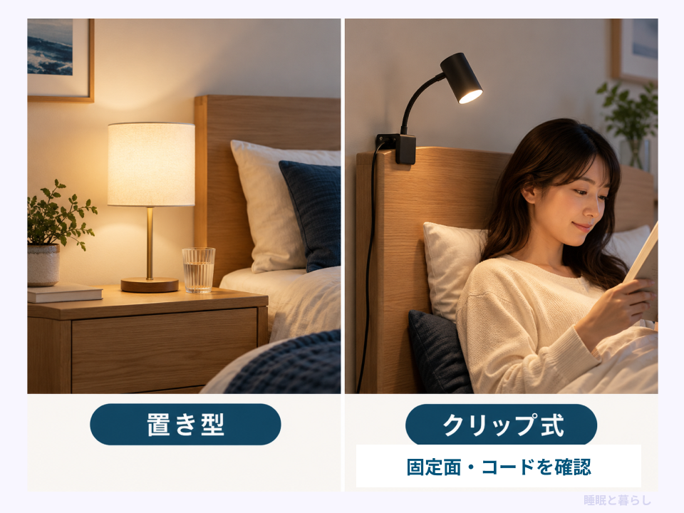 壁への穴あけを伴わない置き型照明とクリップ式照明の比較例