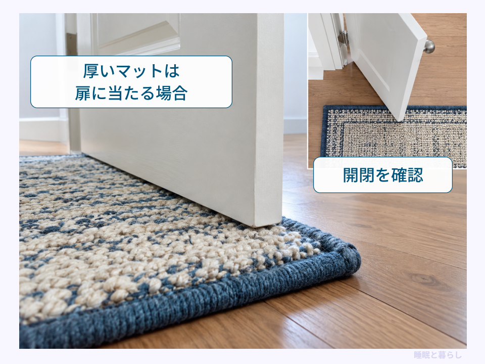 厚いマットが扉の下端に当たる状態と、扉の開閉を確認する様子を示した写真