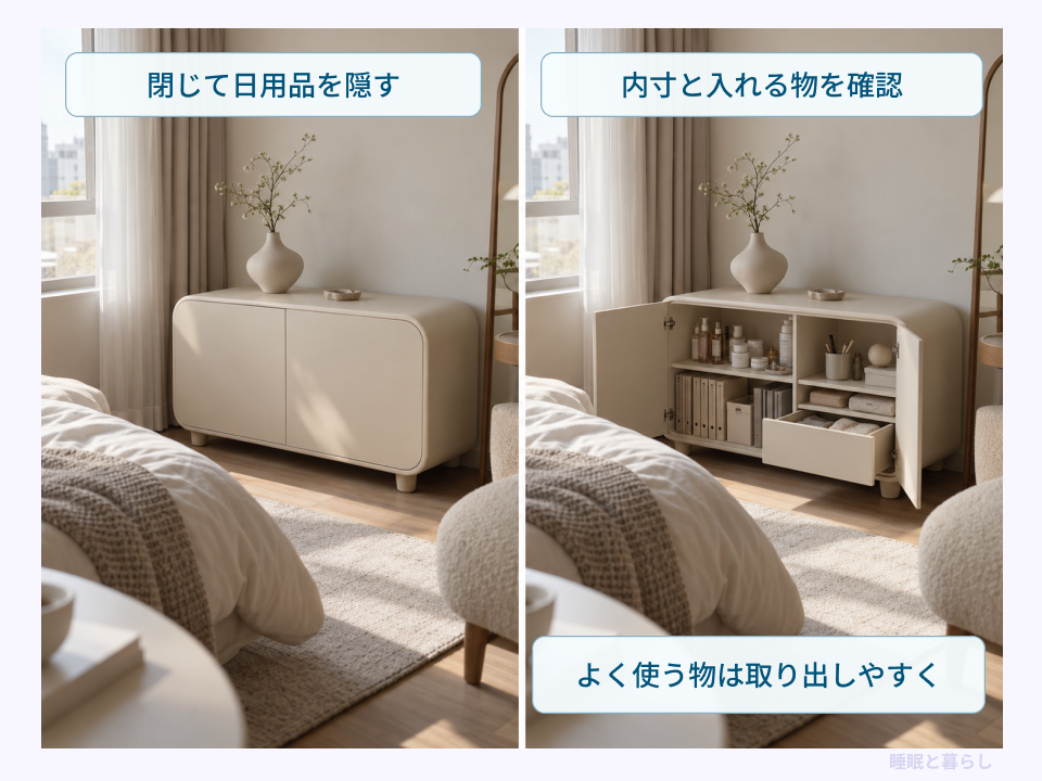 扉付き収納の閉じた外観と、日用品を収めた内部の比較