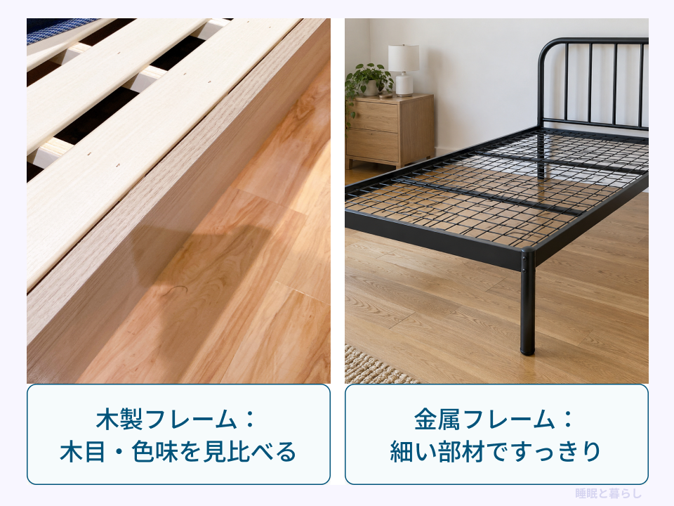 木目のある木製フレームと細い部材の金属フレームの比較