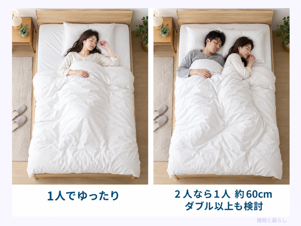 セミダブルを1人と2人で使う様子を並べ、2人なら1人約60cmとなることを示した写真