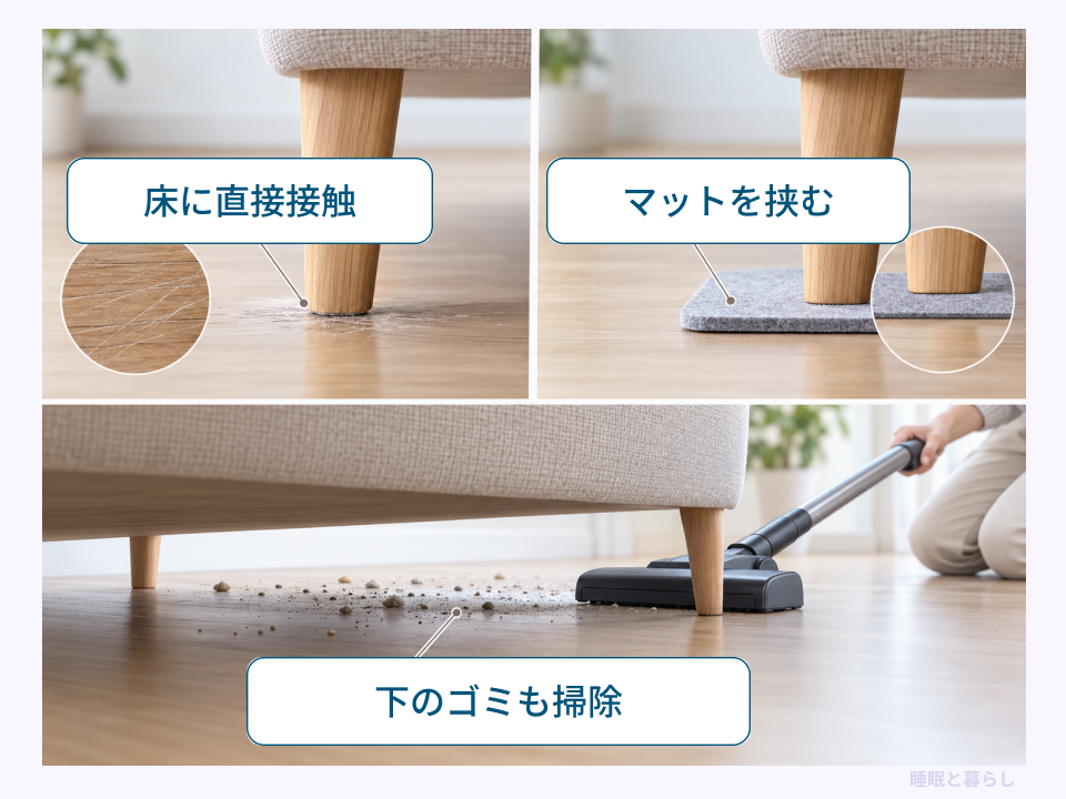 家具の脚が床に直接触れる場合とマットを挟む場合、下のゴミを掃除する様子の比較