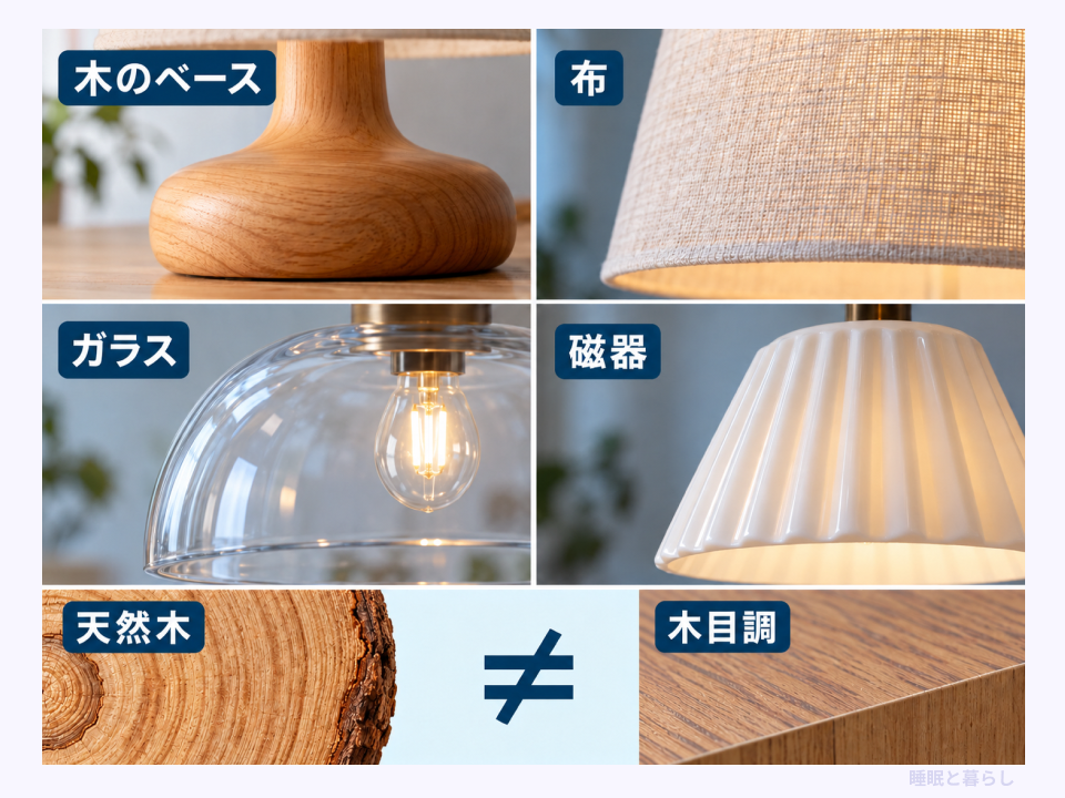 木、布、ガラス、磁器のランプ素材と天然木・木目調の違い
