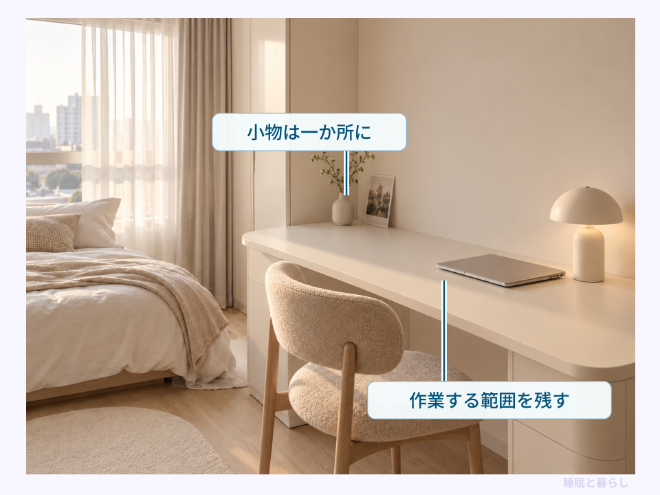小物を飾る場所を一か所に絞り、デスクの作業範囲を残した配置