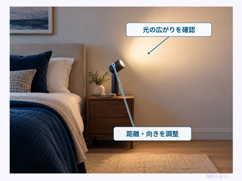 壁への光の広がりを見ながら照明の距離と向きを調整する例