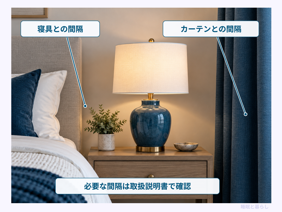 寝具とカーテンの接触範囲を含めて取扱説明書の間隔を確認する例