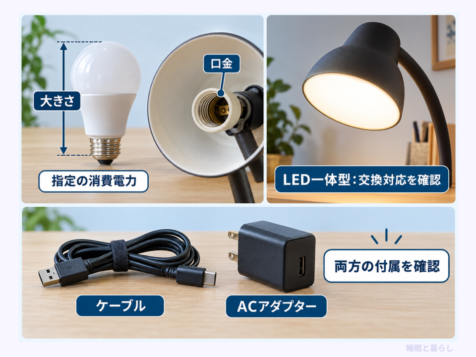 交換電球の口金・大きさ・指定電力とケーブル・ACアダプターの確認