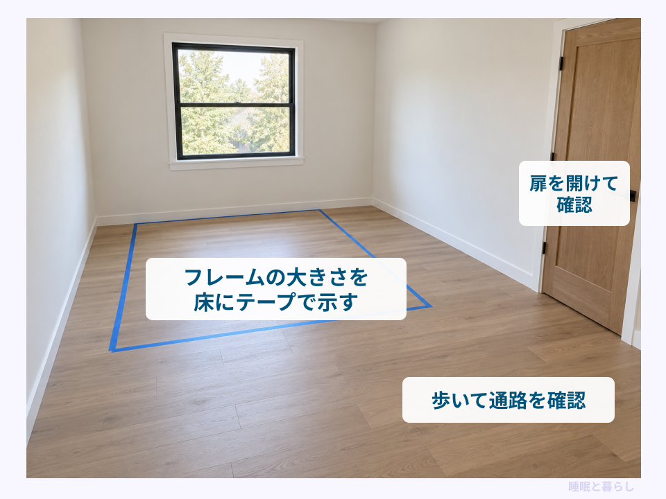 床のテープでベッドフレームの設置範囲を示し、通路と扉の開閉を確認する寝室の画像