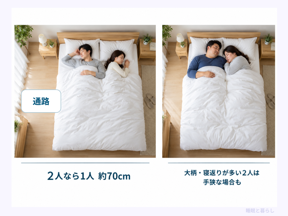 ダブルを2人で使う幅と部屋の通路、大柄な2人では手狭な場合があることを示した写真