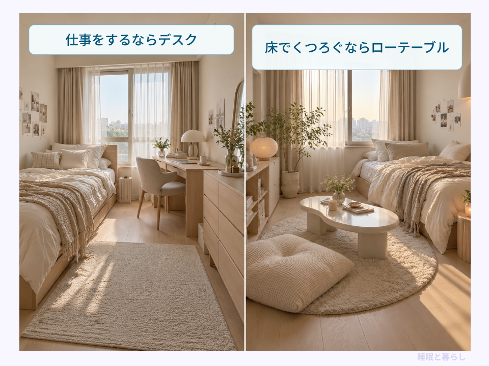 仕事用デスクを中心にした部屋と、ローテーブルでくつろぐ部屋の比較