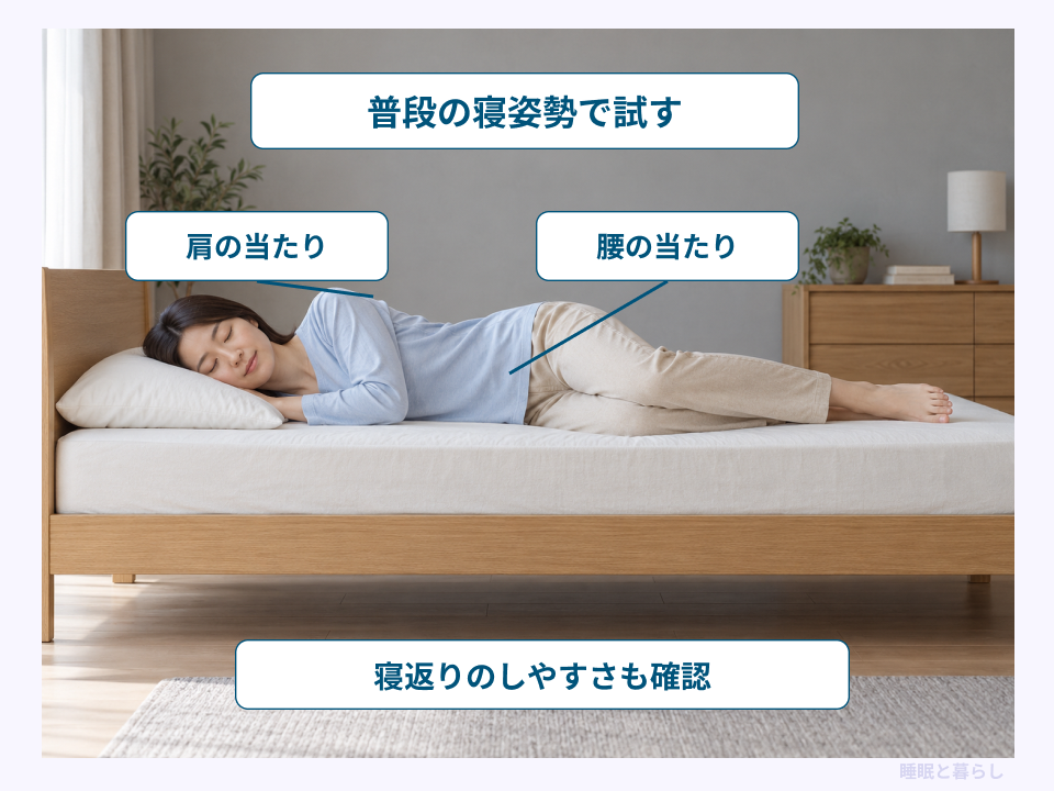 普段の寝姿勢で横になり肩と腰の当たりや寝返りを確認する例