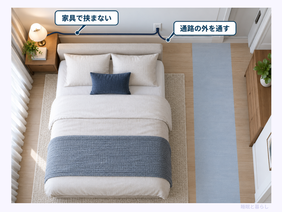 通路を横切らず家具で挟まないよう壁沿いにコードを通した配置図