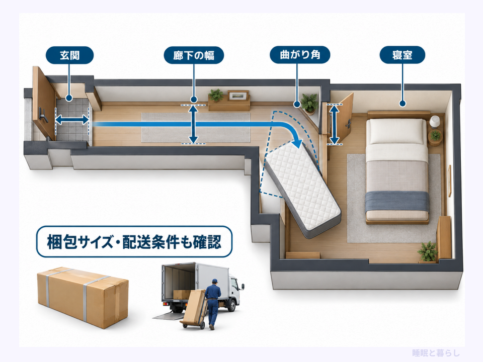 玄関から廊下の曲がり角を経て寝室へ運ぶ経路と、梱包サイズ・配送条件の確認を示した図