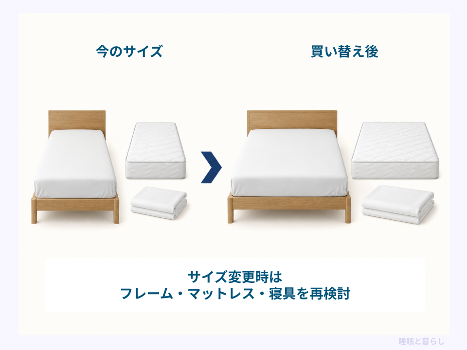 ベッドのサイズ変更時にフレーム、マットレス、寝具を再検討する図