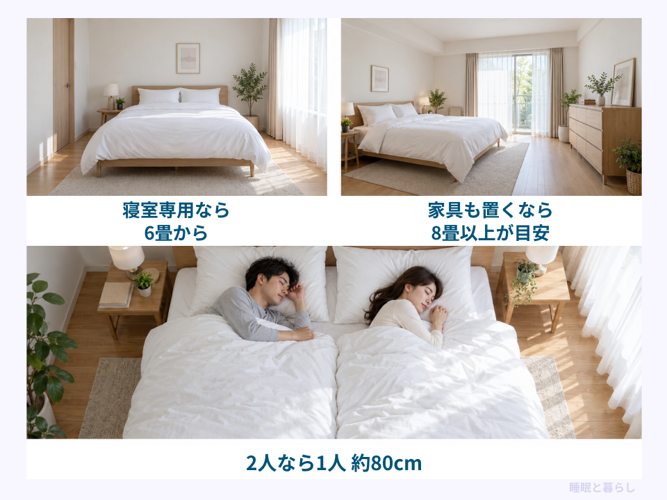 クイーンを置く部屋の使い方と、2人なら1人約80cmの幅を示した写真