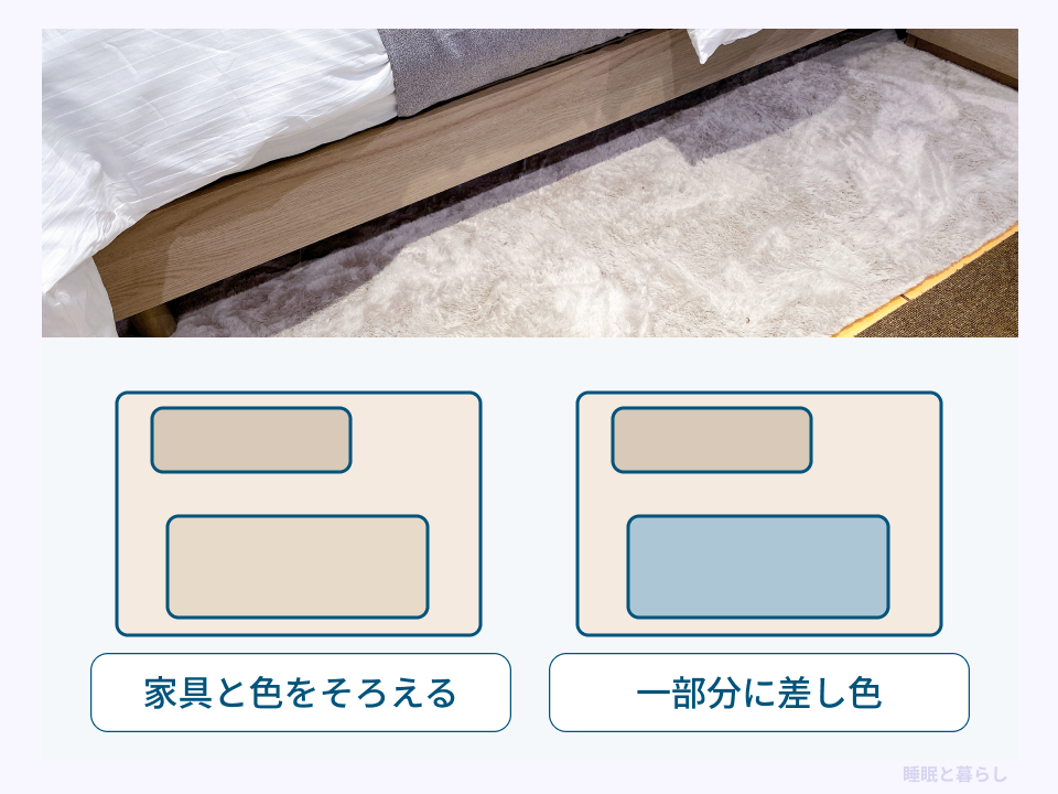 家具とラグの色をそろえる場合と、ラグに差し色を使う場合の配色比較
