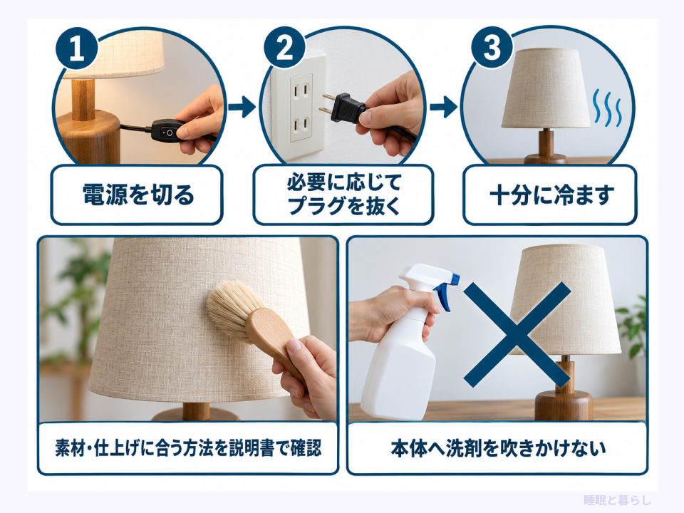 ランプのお手入れ前の電源・冷却手順と素材に合わせた掃除の確認