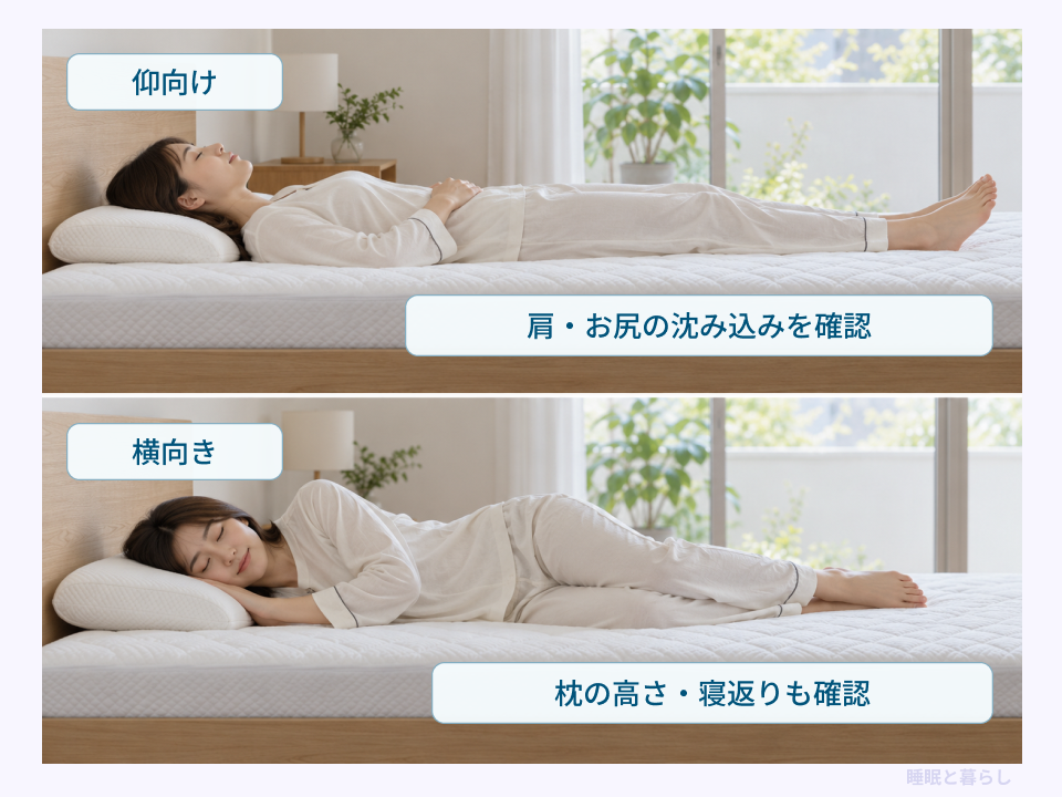 仰向けと横向きで体の沈み込み、枕の高さ、寝返りを確認する様子