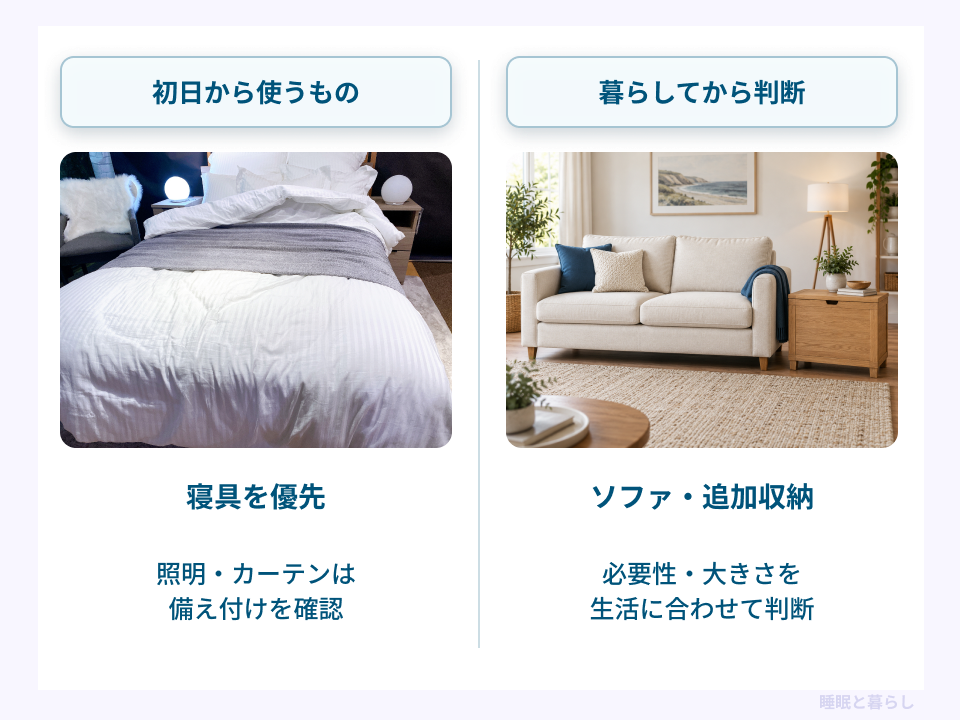 引越し初日に使う寝具と暮らし始めてから必要性を判断するソファや収納の比較