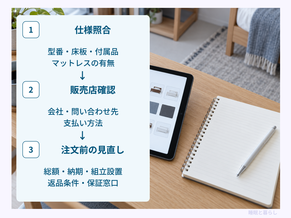 仕様の照合、販売店の確認、注文条件の見直しを示した手順図