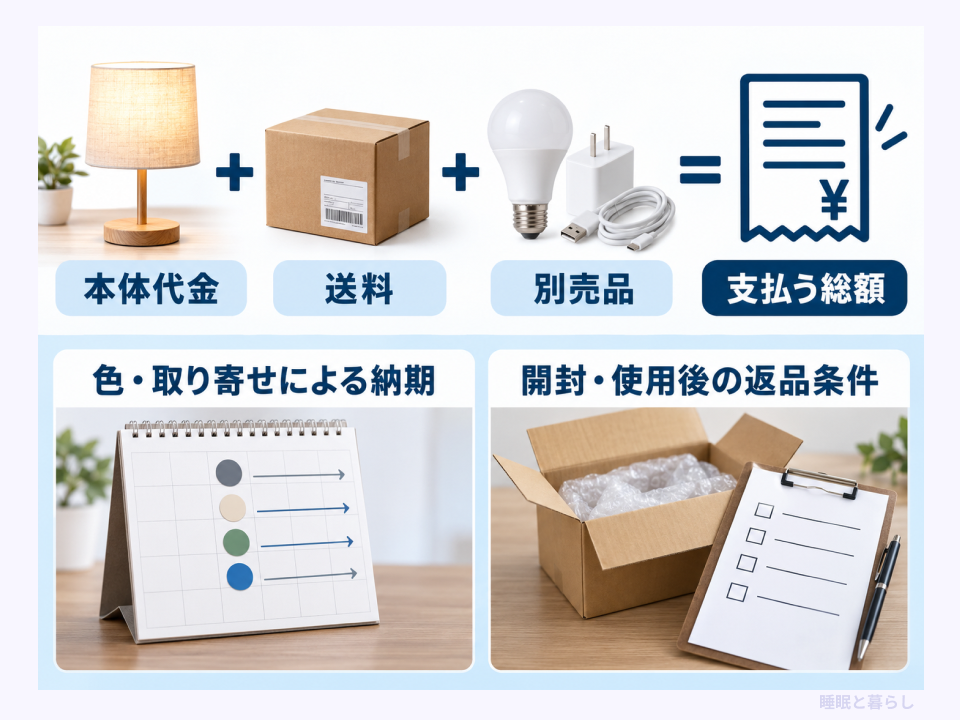 ランプの本体代金・送料・別売品を含む総額と納期・返品条件