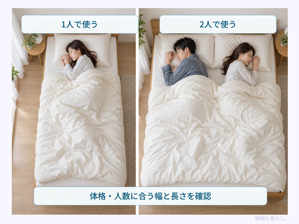 一人用と二人用の寝床を比べ、体格と人数に合う幅や長さを確認する例