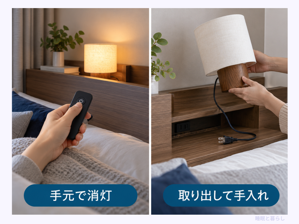手元で消灯する操作と電源を外して照明を取り出す手入れの確認例
