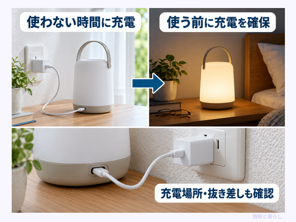 使わない時間の充電と使用前の準備、充電場所・抜き差しの確認
