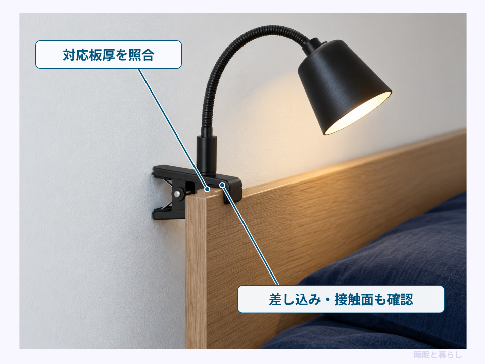ヘッドボードの板厚とクリップの差し込みや接触面を確認する箇所