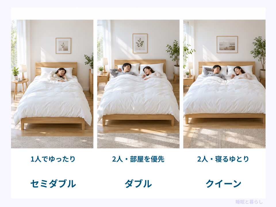 セミダブル、ダブル、クイーンを人数と部屋や寝るゆとりで選び分ける写真