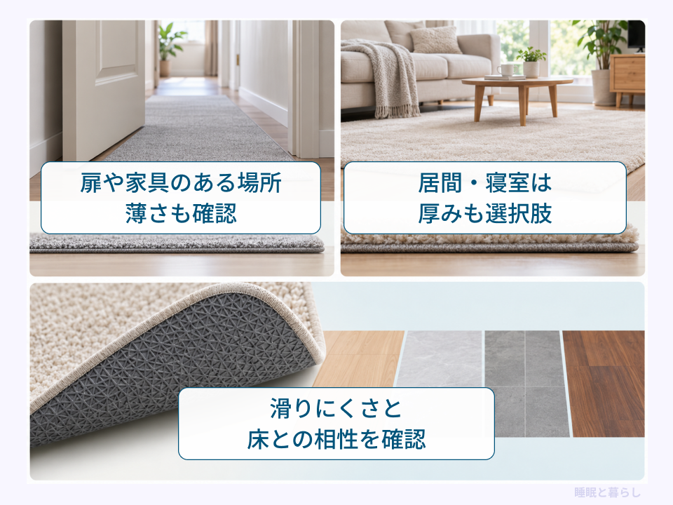 扉のある場所の薄手マット、くつろぐ場所の厚手マット、裏面と床材の確認を示した写真