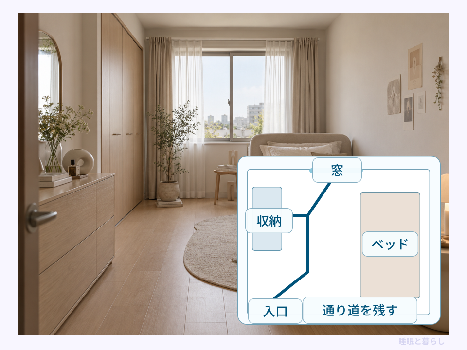 入口から窓や収納へ通り道を残す家具配置と平面図