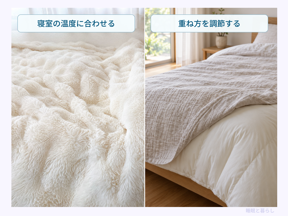 寝室の温度に合わせて掛け寝具の厚さや重ね方を調節する比較