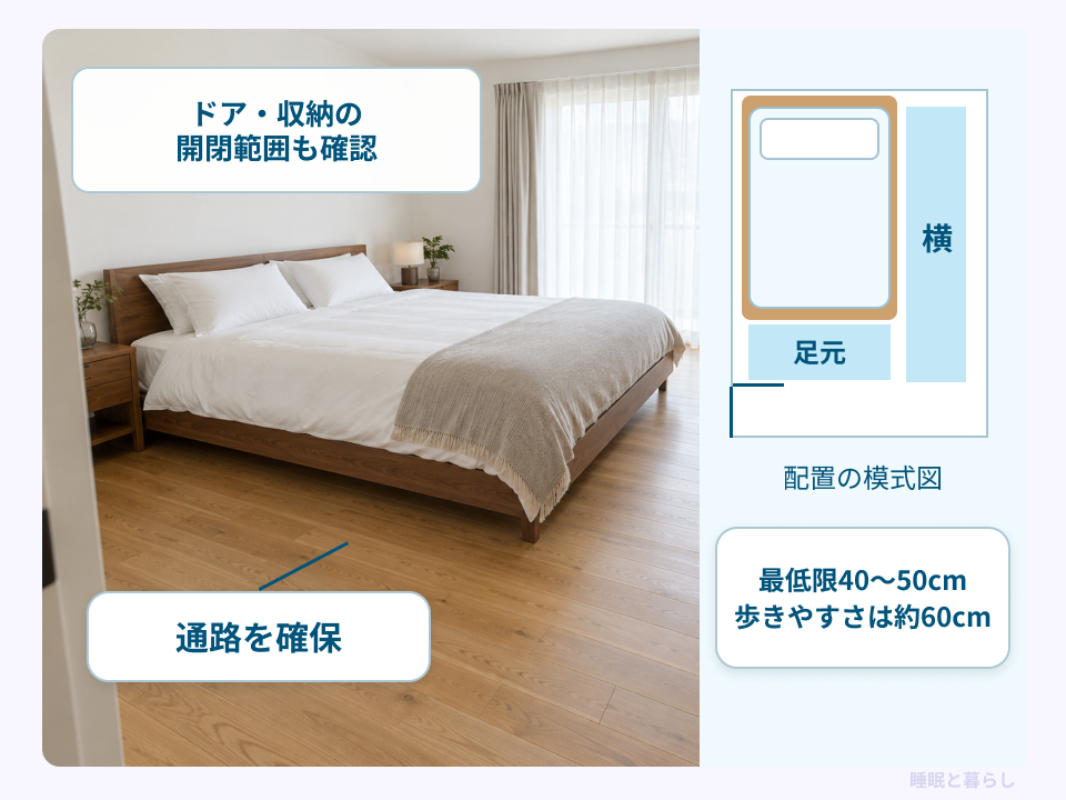 ベッドの横と足元の通路を示し、最低限40〜50cmと歩きやすさ約60cmの目安を整理した画像
