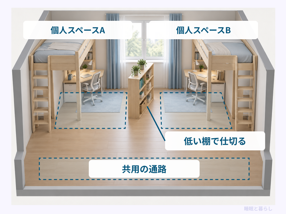 低い棚で区切った2人の個人スペースと手前に残した共用通路