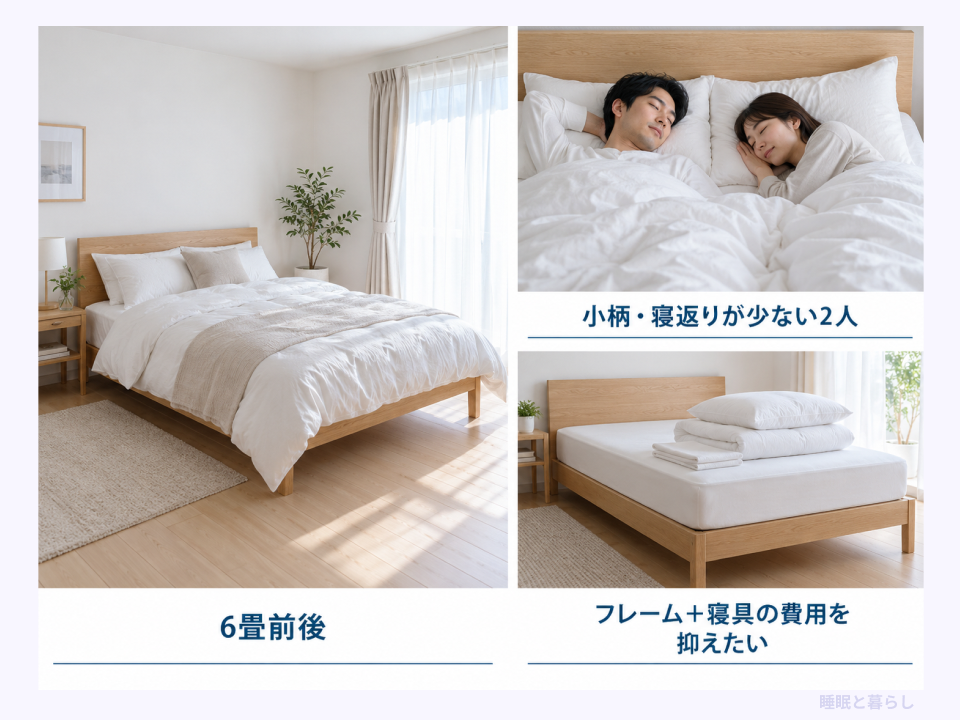 6畳前後の部屋、小柄で寝返りが少ない2人、寝具を含む費用からダブルの向く人を示した写真
